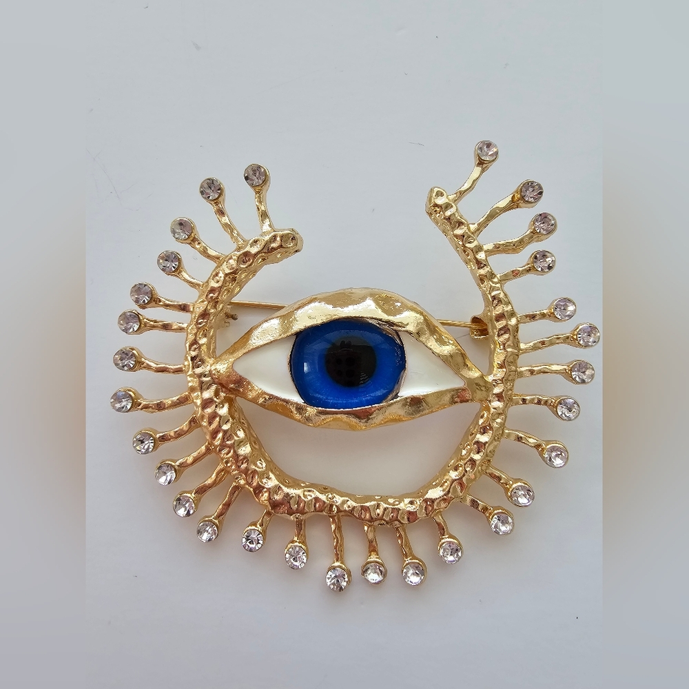 Surrealist Evil Eye Statement Brooch Hammered Gold Tone & Rhinestones